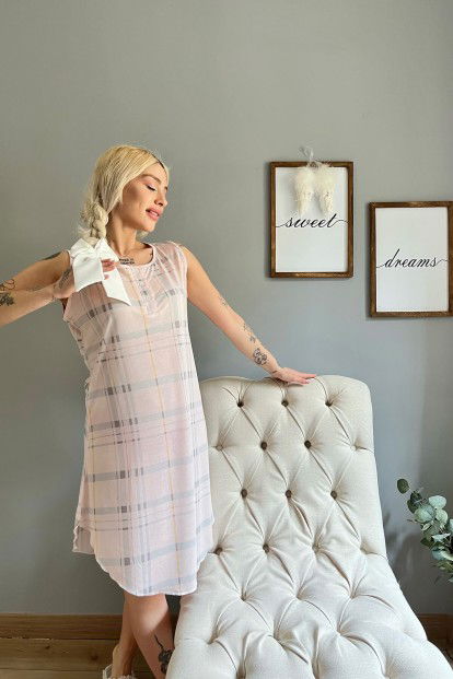 Krem Ekose Desenli Sıfır Kol Kadın Gecelik - 4