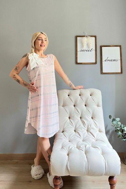 Krem Ekose Desenli Sıfır Kol Kadın Gecelik - 5