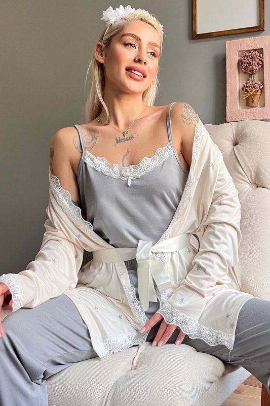 Krem Gri Yıldız Desenli Bambu Sabahlıklı Kadın Pijama Seti - Pijamaevi