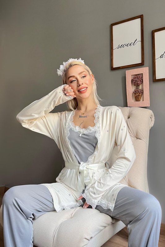 Krem Gri Yıldız Desenli Bambu Sabahlıklı Kadın Pijama Seti - Pijamaevi (2)