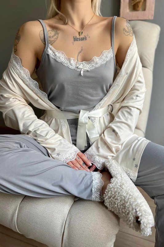 Krem Gri Yıldız Desenli Bambu Sabahlıklı Kadın Pijama Seti - Pijamaevi (3)