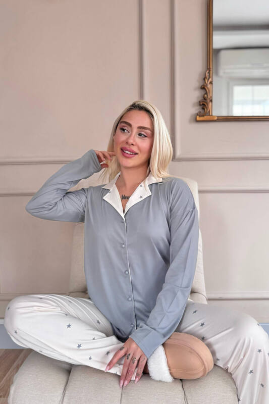 Krem Stars Desenli Bambu Önden Düğmeli Uzun Kol Kadın Pijama Takımı - Pijamaevi (1)