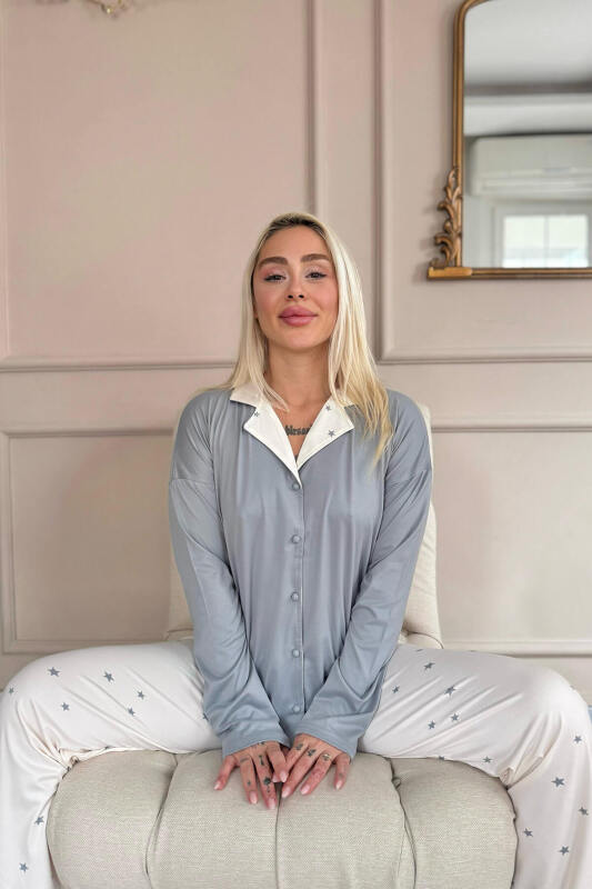 Krem Stars Desenli Bambu Önden Düğmeli Uzun Kol Kadın Pijama Takımı - Pijamaevi (2)