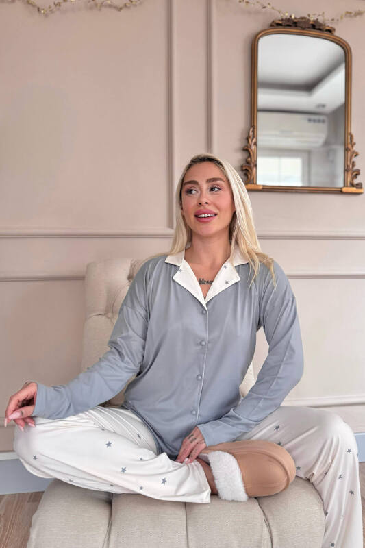 Krem Stars Desenli Bambu Önden Düğmeli Uzun Kol Kadın Pijama Takımı - Pijamaevi (3)