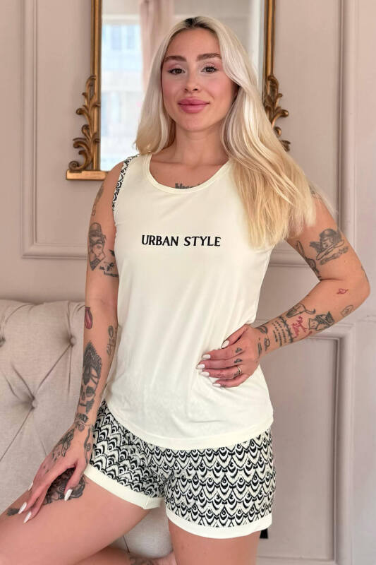 Krem Urban Style Desenli Sıfır Kol Şortlu Örme Kadın Pijama Takımı - Pijamaevi