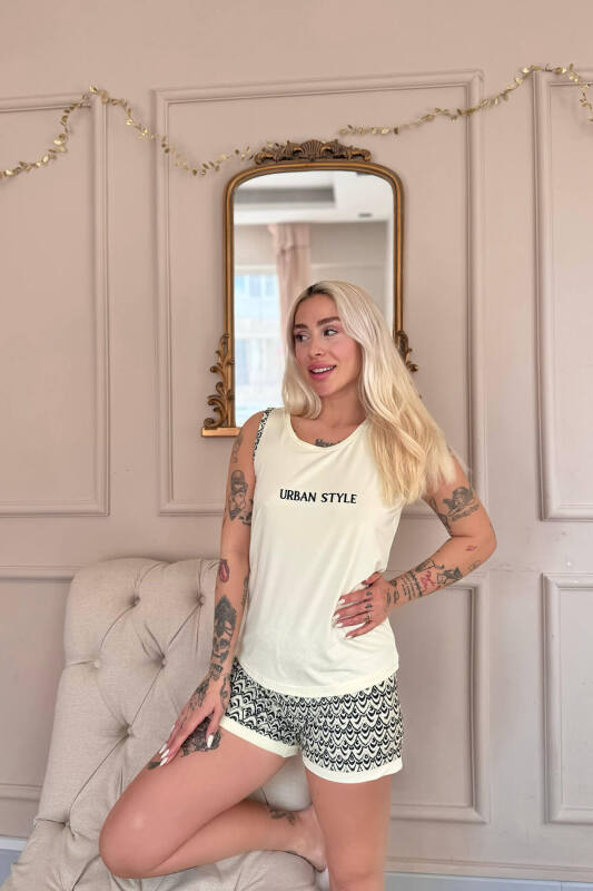 Krem Urban Style Desenli Sıfır Kol Şortlu Örme Kadın Pijama Takımı - Pijamaevi (1)