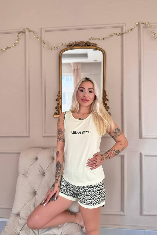 Krem Urban Style Desenli Sıfır Kol Şortlu Örme Kadın Pijama Takımı - Pijamaevi (2)