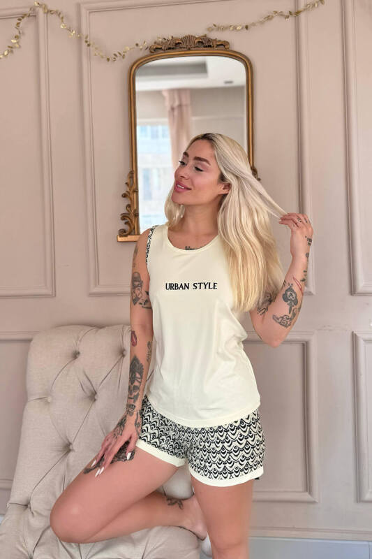 Krem Urban Style Desenli Sıfır Kol Şortlu Örme Kadın Pijama Takımı - Pijamaevi (3)