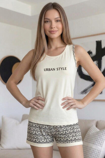 Krem Urban Style Desenli Sıfır Kol Şortlu Örme Kadın Pijama Takımı - 5