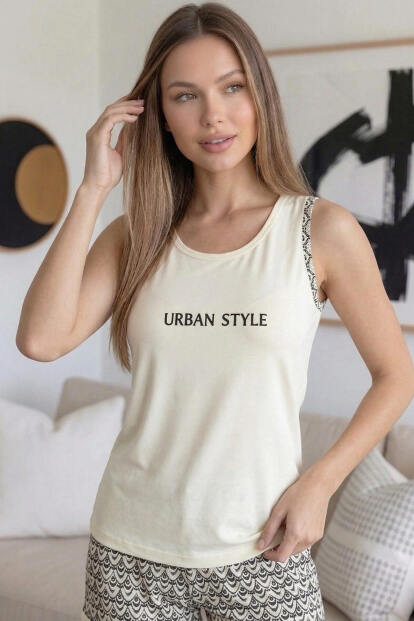 Krem Urban Style Desenli Sıfır Kol Şortlu Örme Kadın Pijama Takımı - 6