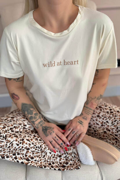 Krem Wild at Heart Desenli Kısa Kollu Örme Kadın Pijama Takımı - 5