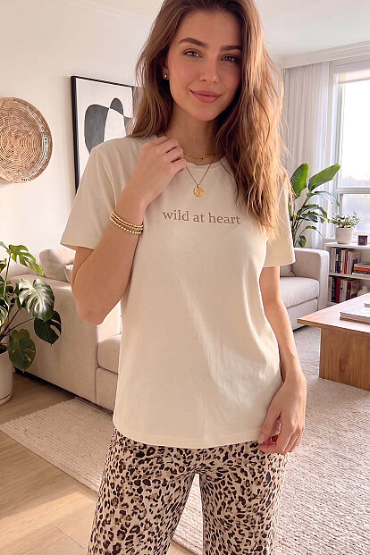 Krem Wild at Heart Desenli Kısa Kollu Örme Kadın Pijama Takımı - 6