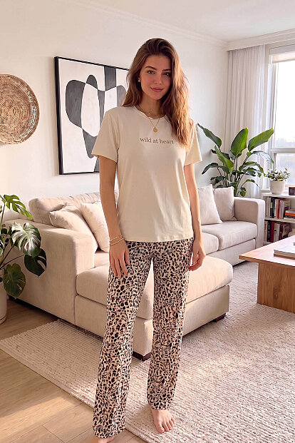 Krem Wild at Heart Desenli Kısa Kollu Örme Kadın Pijama Takımı - 7