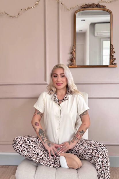 Krem Wild Elegance Exclusive Önden Düğmeli Kadın Pijama Takımı - 2