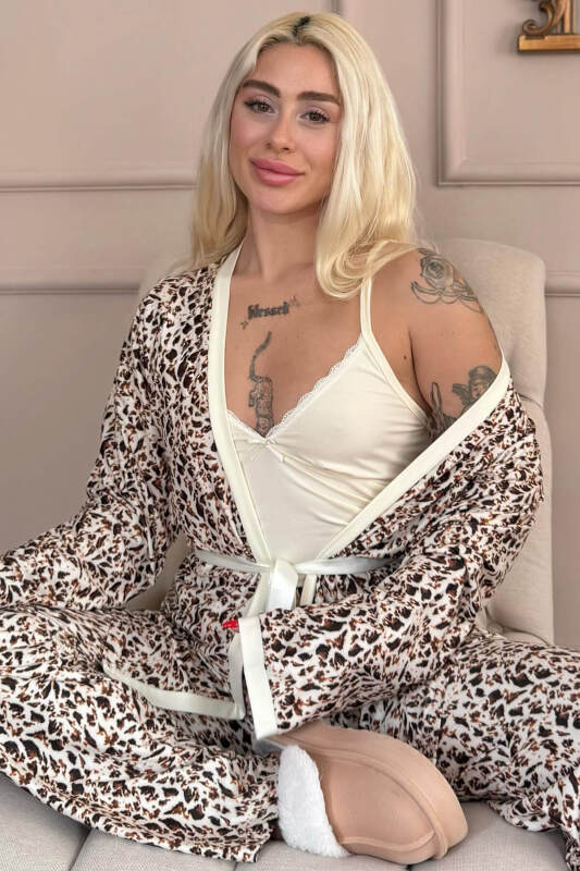 Krem Wild Elegance Exclusive Örme Sabahlıklı Kadın Pijama Takım - Pijamaevi