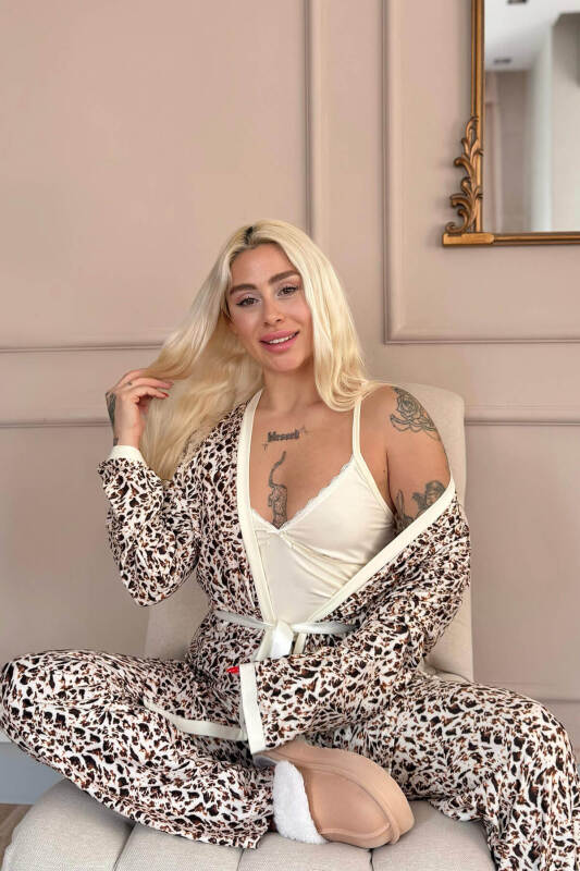 Krem Wild Elegance Exclusive Örme Sabahlıklı Kadın Pijama Takım - Pijamaevi (1)