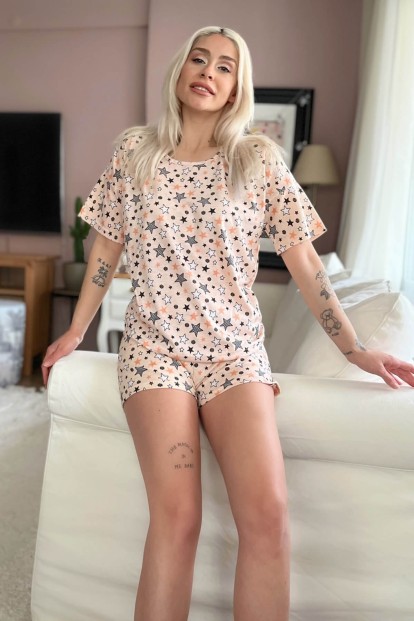 Krem Yıldız Baskılı Şortlu Kadın Pijama Takımı - 1