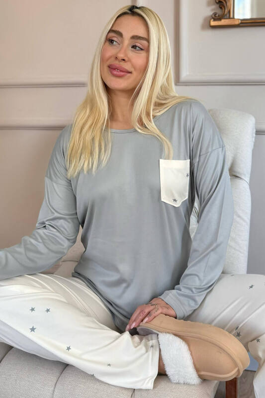 Krem Yıldız Desenli Bambu Uzun Kol Kadın Pijama Takımı - Pijamaevi