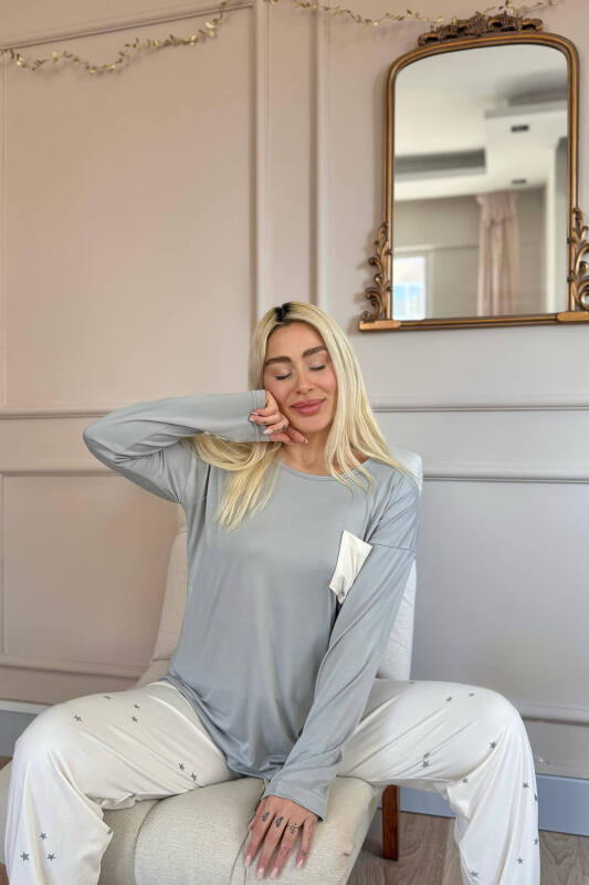 Krem Yıldız Desenli Bambu Uzun Kol Kadın Pijama Takımı - Pijamaevi (1)
