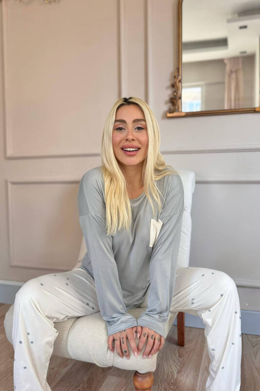 Krem Yıldız Desenli Bambu Uzun Kol Kadın Pijama Takımı - Pijamaevi (2)