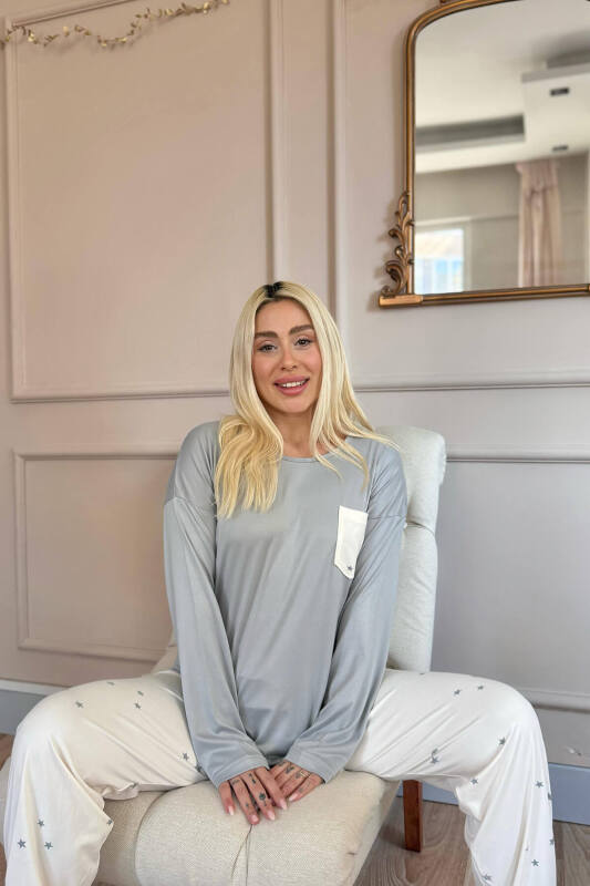 Krem Yıldız Desenli Bambu Uzun Kol Kadın Pijama Takımı - Pijamaevi (3)