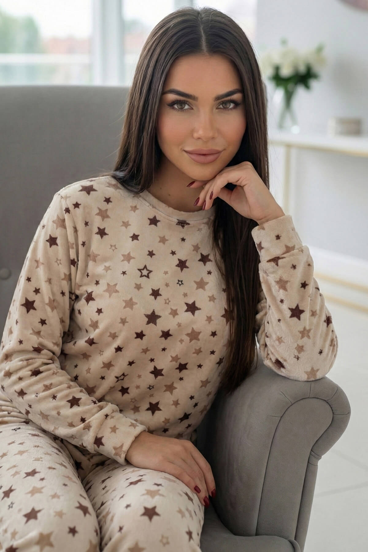 Krem Yıldız Desenli Veloura Soft Kadın Pijama Takımı  - Pijamaevi
