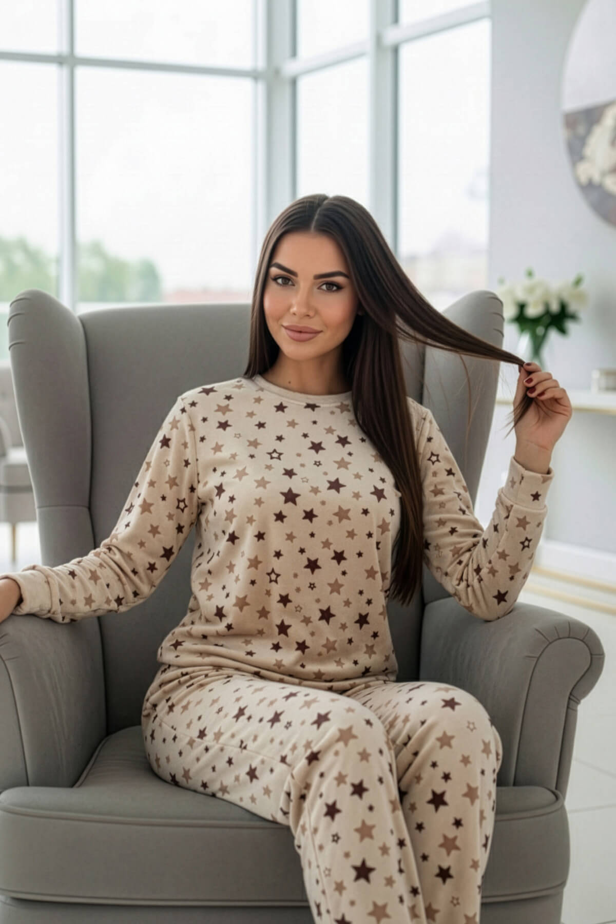 Krem Yıldız Desenli Veloura Soft Kadın Pijama Takımı  - Pijamaevi (1)