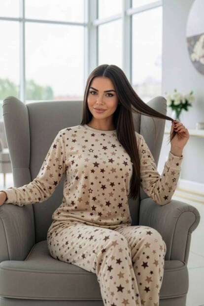 Krem Yıldız Desenli Veloura Soft Kadın Pijama Takımı  - 2