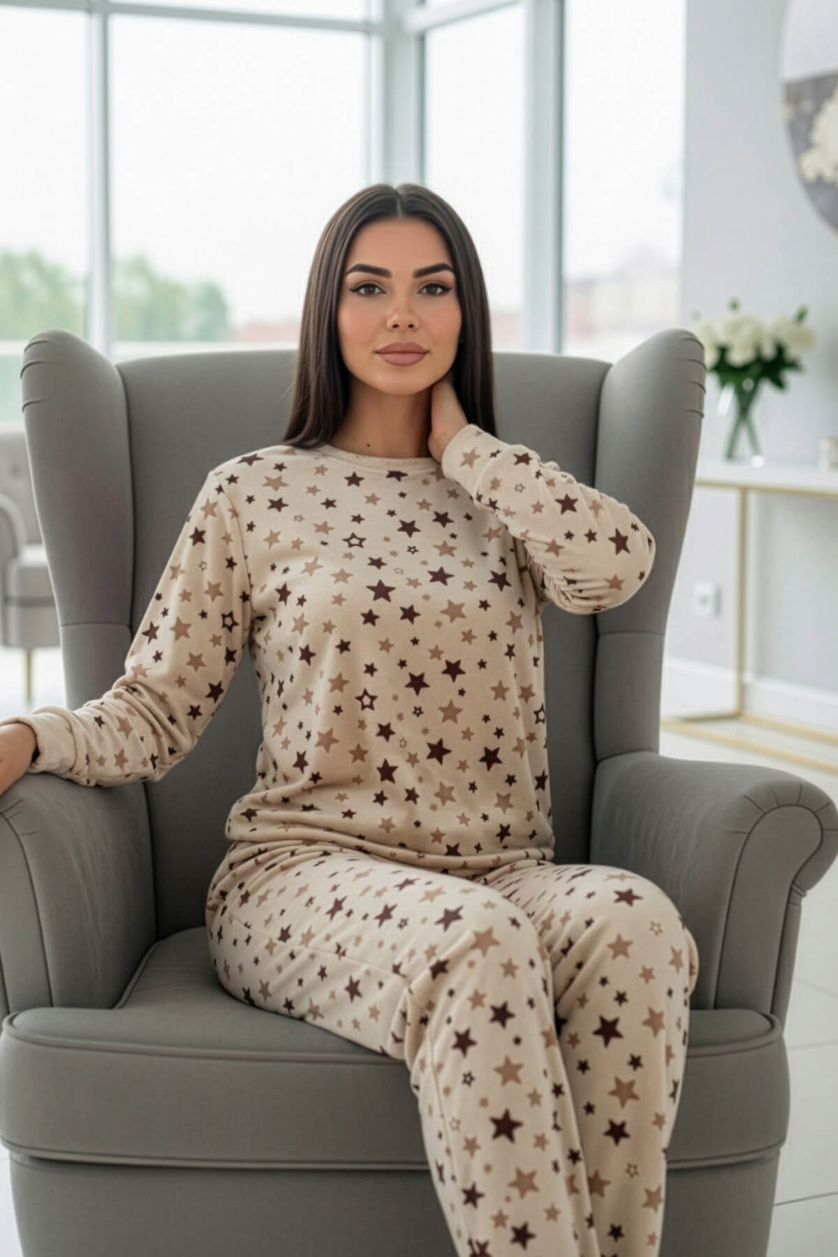 Krem Yıldız Desenli Veloura Soft Kadın Pijama Takımı  - Pijamaevi (2)