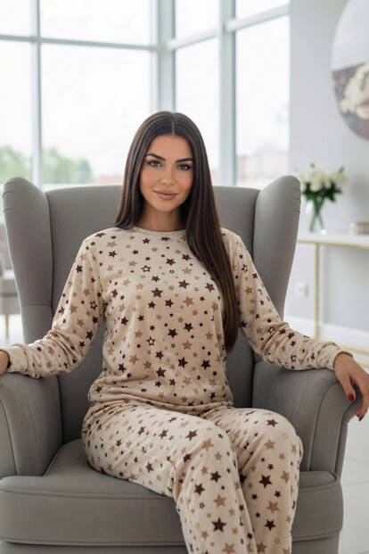 Krem Yıldız Desenli Veloura Soft Kadın Pijama Takımı  - 4