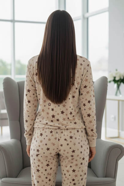 Krem Yıldız Desenli Veloura Soft Kadın Pijama Takımı  - 6