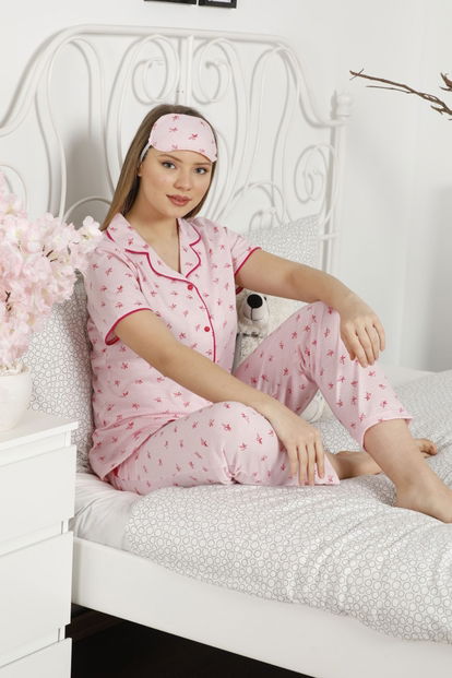 Kurdele Desenli Önden Düğmeli Kısa Kollu Pijama Takımı - 2