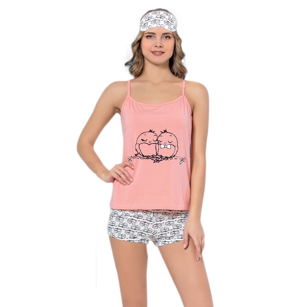 Kuş Desenli Şortlu Yazlık Bayan Pijama Takımı - 1