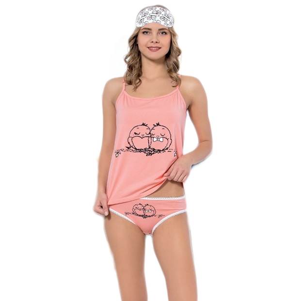 Kuş Desenli Şortlu Yazlık Bayan Pijama Takımı - 2