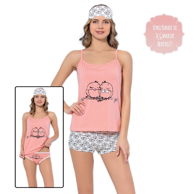 Kuş Desenli Şortlu Yazlık Bayan Pijama Takımı - 3