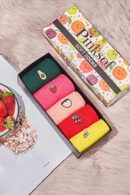 Kutulu 5 Çift - Fruit Desenli - Kadın Soket Çorap - Kokulu Kaliteli - 1