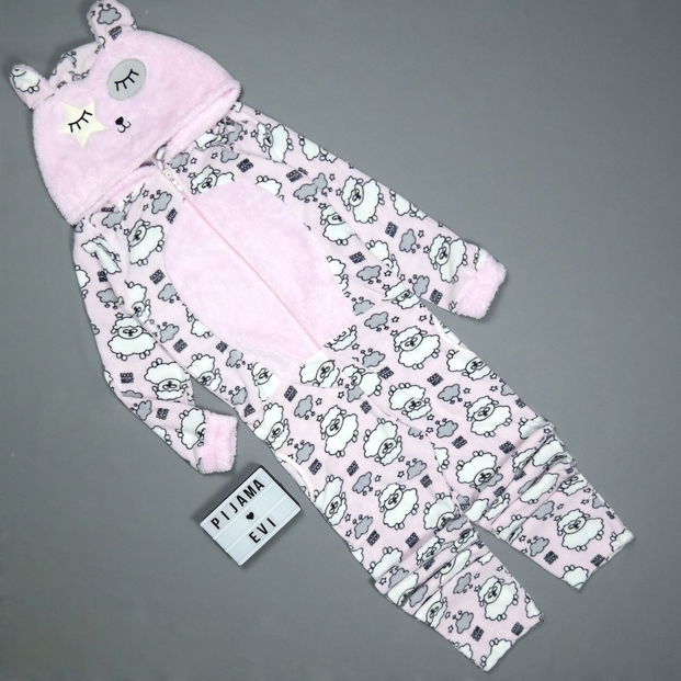 Kuzu Desenli Kadın Polar Peluş Tulum Pijama Takımı - 3