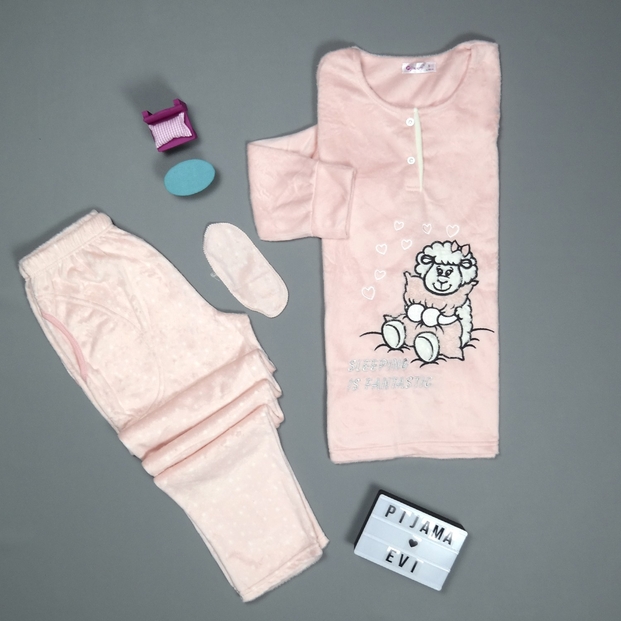 Kuzu Desenli Kadın Yumoş Peluş Pijama Takımı - 2
