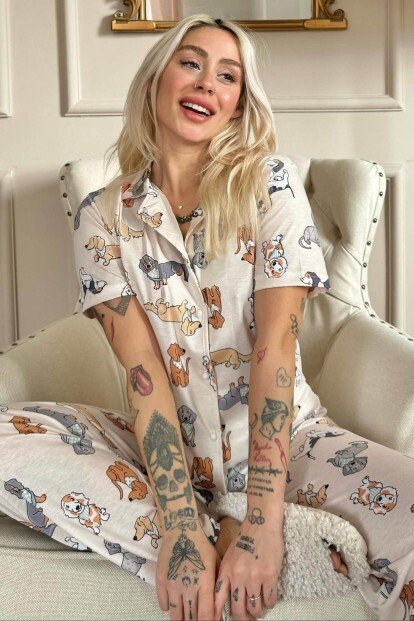 Labrador Desenli Kısa Kol Önden Düğmeli Kadın Pijama Takımı - 7