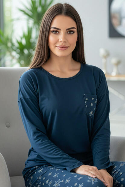 Lacivert Abstract Floral Desenli Uzun Kollu Bambu Örme Kadın Pijama Takımı 