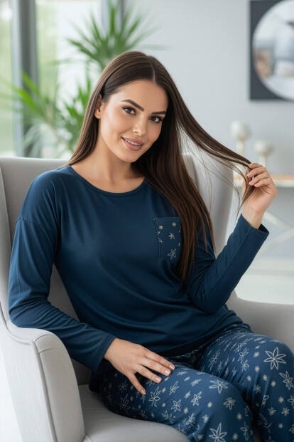 Lacivert Abstract Floral Desenli Uzun Kollu Bambu Örme Kadın Pijama Takımı - 2