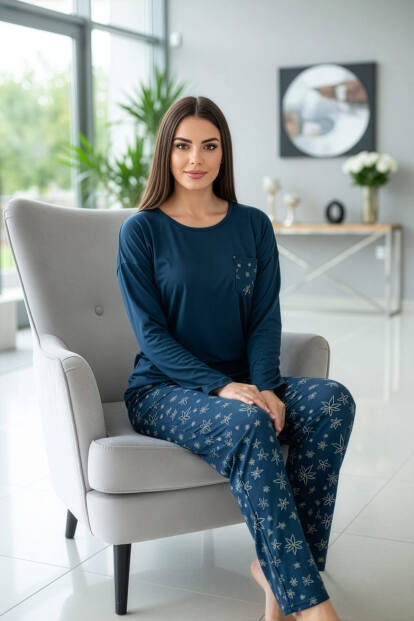 Lacivert Abstract Floral Desenli Uzun Kollu Bambu Örme Kadın Pijama Takımı - 4