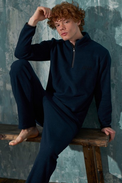 Lacivert Awesome Yarım Fermuarlı Uzun Kollu Polar Erkek Pijama Takımı - 1
