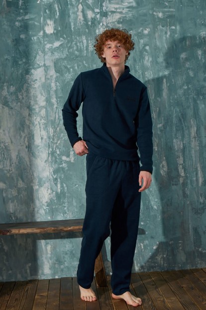 Lacivert Awesome Yarım Fermuarlı Uzun Kollu Polar Erkek Pijama Takımı - 4