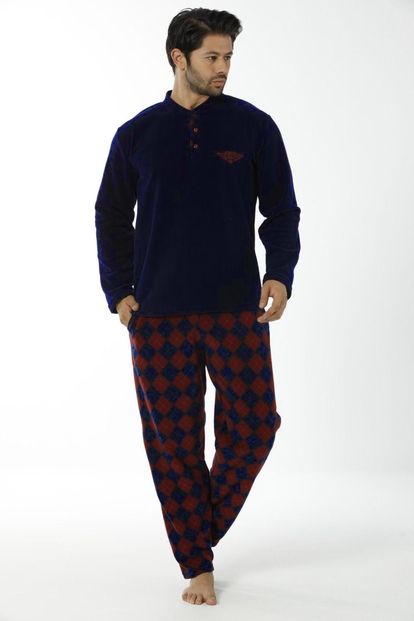Lacivert Baklava Desenli Erkek Polar Pijama Takımı - 1