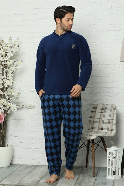 Lacivert Baklava Detaylı Uzun Kollu Polar Erkek Pijama Takımı - 2