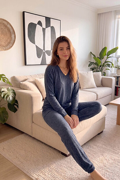 Lacivert Bambu Uzun Kol Kadın Pijama Takımı - 3