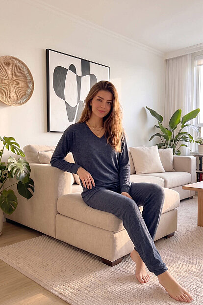 Lacivert Bambu Uzun Kol Kadın Pijama Takımı - 4