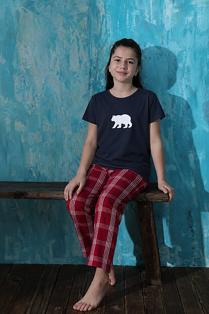 Lacivert Bear Kısa Kol Anne Kız Aile Pijaması - Çocuk Takımı - 3