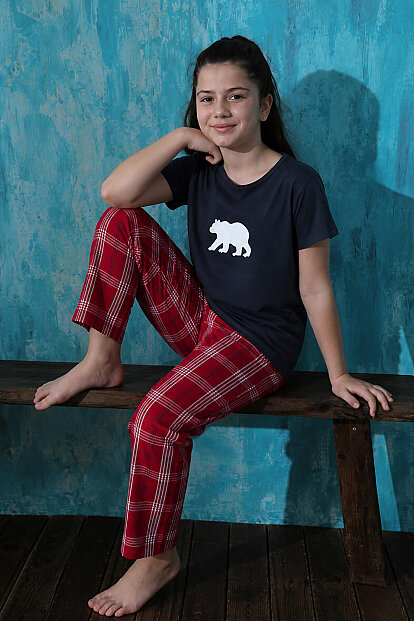 Lacivert Bear Kısa Kol Anne Kız Aile Pijaması - Çocuk Takımı - 4